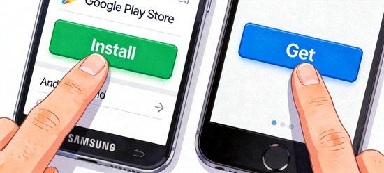 안드로이드와 iOS 기기에서 앱 다운로드 버튼을 누르는 과정을 보여주는 이미지