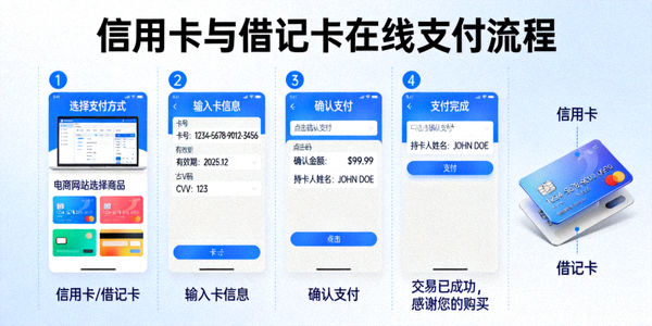신용카드와 직불카드를 통한 온라인 결제 과정을 설명하는 이미지